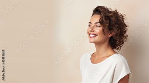 a horizontal format of a young smiling woman with space for copy in a Glamour-themed, photorealistic illustration in JPG. Generative ai