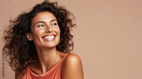 a horizontal format of a young smiling woman with space for copy in a Glamour-themed, photorealistic illustration in JPG. Generative ai photo
