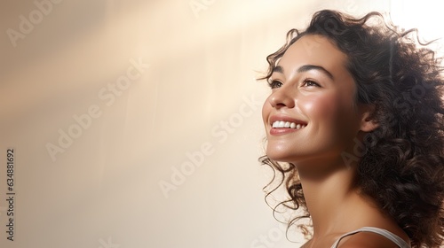 a horizontal format of a young smiling woman with space for copy in a Glamour-themed, photorealistic illustration in JPG. Generative ai