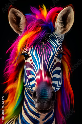 Zebra portrait with an colourful mane  
