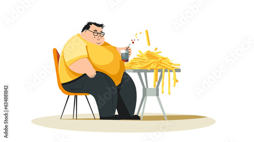 AI generated, vector illustration, flat illustration, no color gradient, caricature illustration, fat man eating french fries on white background, copy space is available.