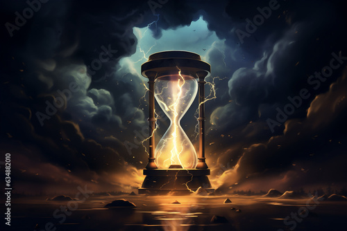 hourglass on storm weather background, time running concept