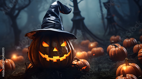 Scary Pumpkins with Wizard Hat, Halloween Background