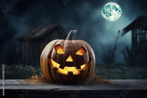 Halloween background. glowing pumpkin on table at night with moon and fog on background.