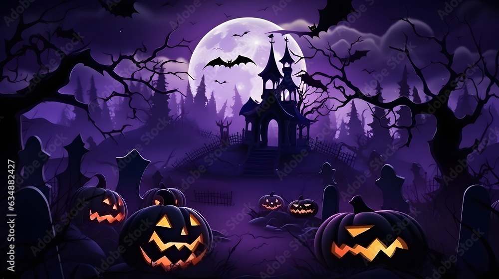 Spooky Pumpkins on Graveyard, Halloween Background