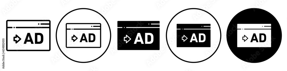 Ads Icon. Symbol of commercial advertisement to promote local business online through website platform. Vector set of digital advertising for marketing in different languages. Ads Icon. Symbol of commercial advertisement to promote local business online through website platform. Vector set of digital advertising for marketing in different languages.