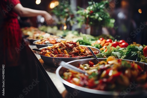 People group catering buffet food indoor in restaurant with meat colorful fruits and vegetables | Generative AI