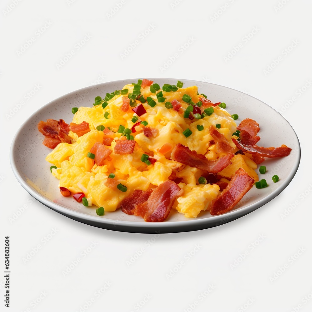 Delicious Plate of Scrambled Eggs and Bacon Isolated on a Transparent Background | Generative AI Delicious Plate of Scrambled Eggs and Bacon Isolated on a Transparent Background | Generative AI