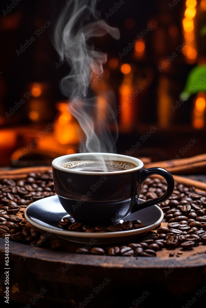 Fototapeta premium coffee cup with steam surrounded by coffee beans. High quality photo