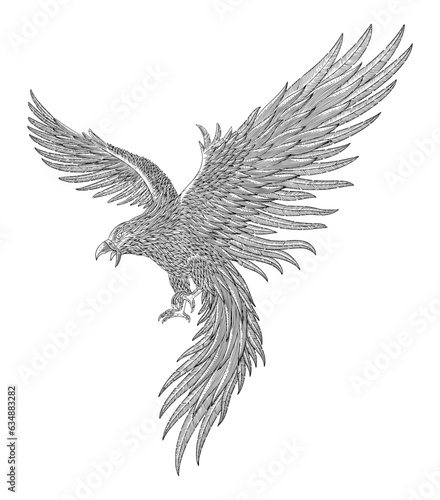 Phoenix bird, Vintage engraving drawing style vector illustration