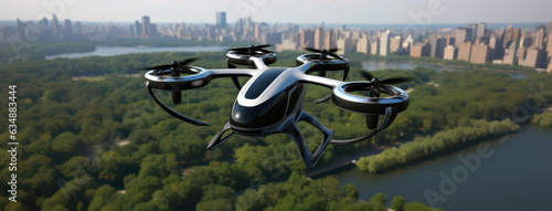 Print op canvas futuristic manned roto passenger drone flying in the sky over modern city for fu