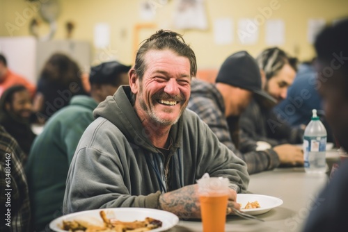 Positive homeless white man sits at a table in a bustling homeless shelter dining hall  surrounded by other individuals