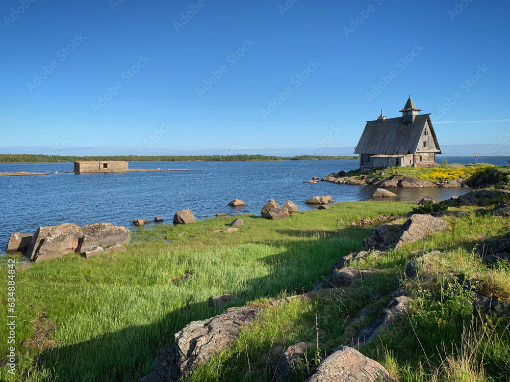 Church on the shore in Rabocheostrovsk, Karelia, Russia, June 2019