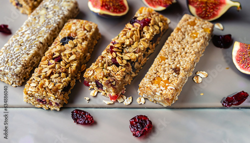 Fotografía Homemade granola energy bars with figs, oatmeal, almond, dry cranberry, chia and