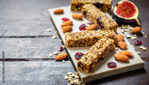 Homemade granola energy bars with figs, oatmeal, almond, dry cranberry, chia and sunflower seeds, healthy snack