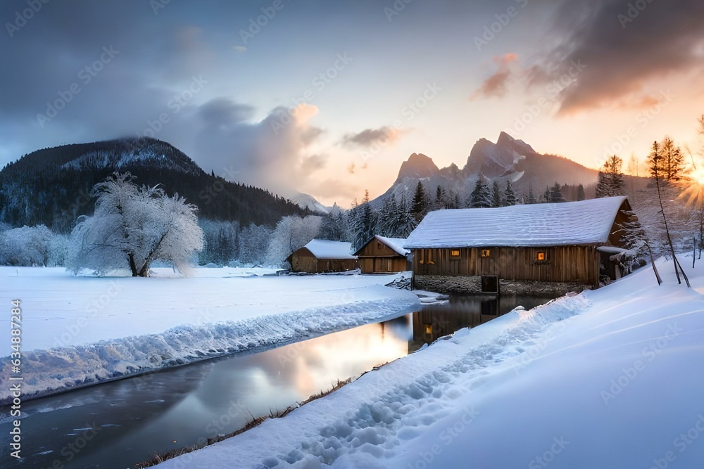 beautiful winter house with the lake and forest and trees  and the roof of house covered with snow beautiful landscape, as concept of winter coming. 4k HD Ultra High quality photo.