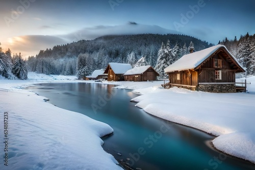 beautiful winter house with the lake and forest and trees  and the roof of house covered with snow beautiful landscape, as concept of winter coming. 4k HD Ultra High quality photo. © Tae-Wan