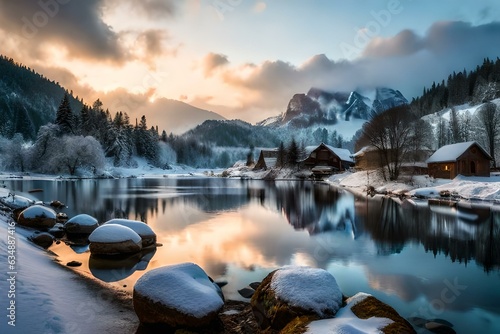 beautiful winter house with the lake and forest and trees and the roof of house covered with snow beautiful landscape, as concept of winter coming. 4k HD Ultra High quality photo.