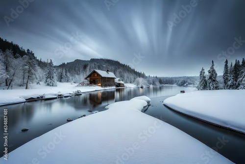 beautiful winter house with the lake and forest and trees and the roof of house covered with snow beautiful landscape, as concept of winter coming. 4k HD Ultra High quality photo.