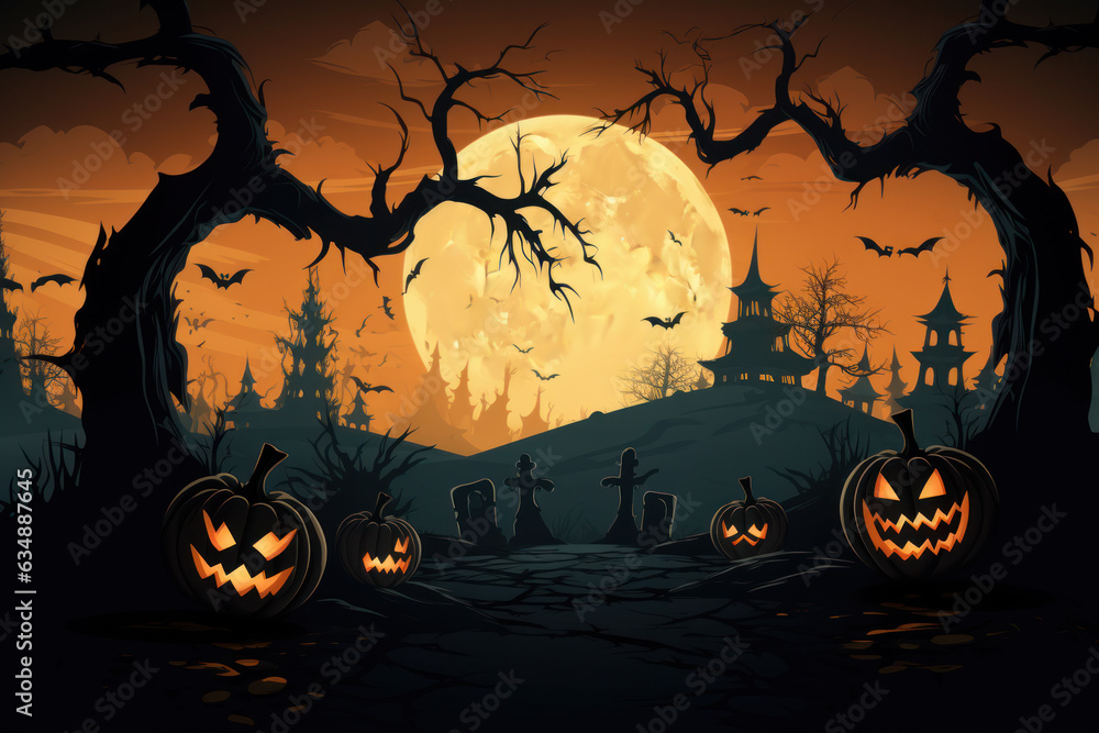 Spooky Halloween Night: Glowing Pumpkins, Mansion, and Bats Illustration Generative AI Spooky Halloween Night: Glowing Pumpkins, Mansion, and Bats Illustration Generative AI