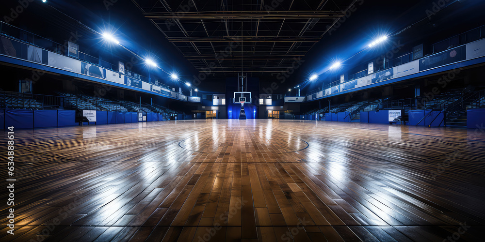 Empty Indoor basketball court. Horizontal panoramic wallpaper with copy