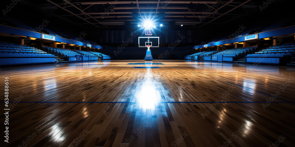 Empty Indoor basketball court. Horizontal panoramic wallpaper with copy