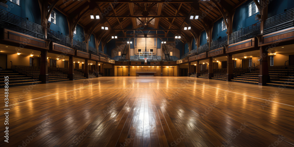 Empty Indoor basketball court. Horizontal panoramic wallpaper with copy