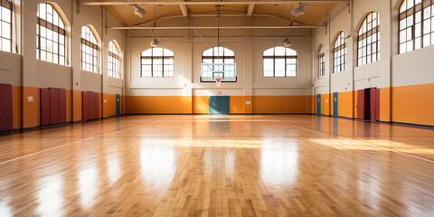 Empty Indoor basketball court. Horizontal panoramic wallpaper with copy space. 
