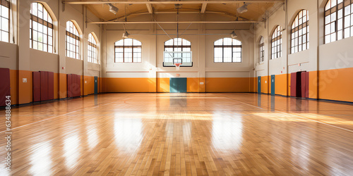 Fototapeta Naklejka Na Ścianę i Meble -  Empty Indoor basketball court. Horizontal panoramic wallpaper with copy space. 