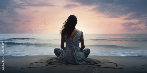 Harmonious connection, Meditating woman on beach back view, horizon over the sea. Creative wallpaper with woman meditating in lotus pose in nature. 
