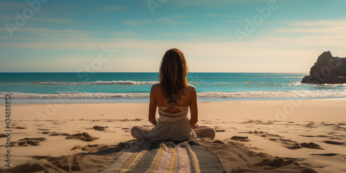 Harmonious connection, Meditating woman on beach back view, horizon over the sea. Creative wallpaper with woman meditating in lotus pose in nature. 