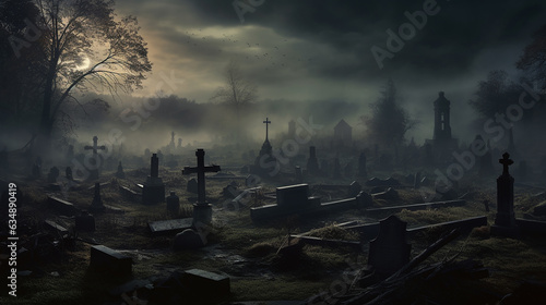 a graveyard scene with mist and eerie atmosphere