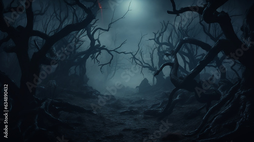 a spooky forest with twisted trees and fog for Halloween