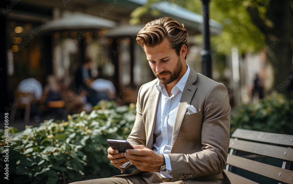 Businessman using smartphone while waiting at park Businessman using smartphone while waiting at park