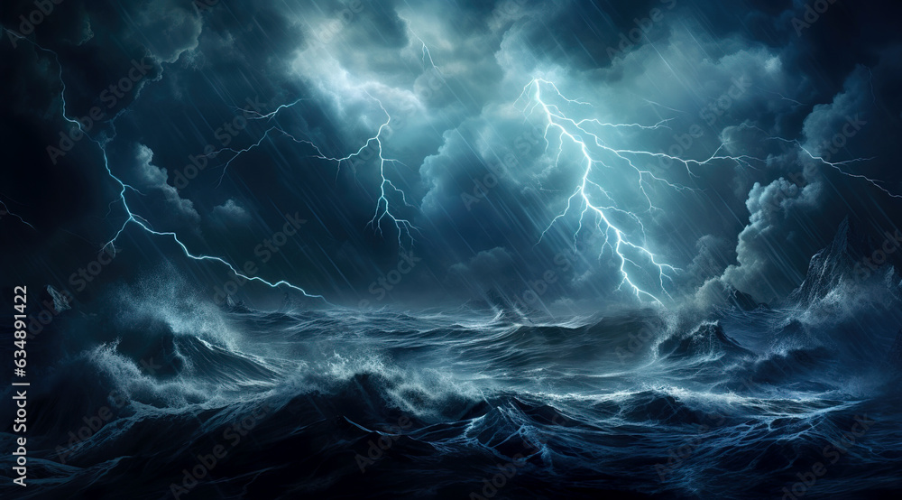 Dramatic portrayal of a turbulent sea with towering waves amidst a ...