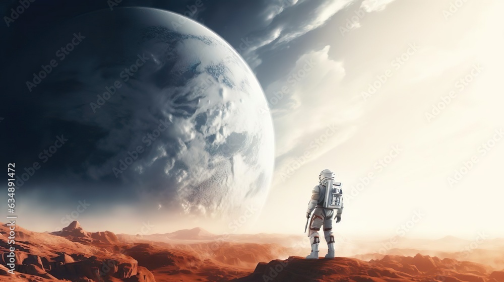 An astronaut walks in his space suit on a distant