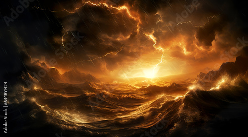 Dramatic portrayal of a turbulent sea with towering waves amidst a raging storm, depicting the raw power and intensity of nature in a visually stunning composition. 