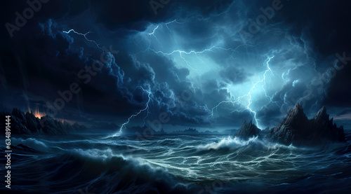 Dramatic portrayal of a turbulent sea with towering waves amidst a raging storm, depicting the raw power and intensity of nature in a visually stunning composition.	
