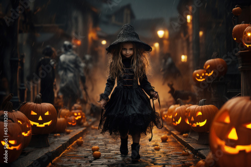 Spooky Little Witch Among Glowing Jack O'Lanterns, Generative AI