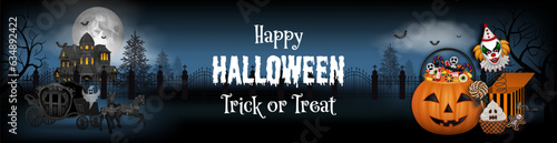 halloween banner with haunted house, old carriage and pumpkin bucket with sweets