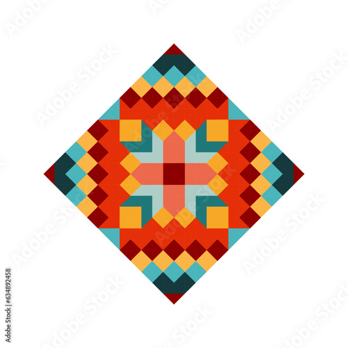 Square logo with bright pixel pattern in Mexican style. Rhombus with vivid tribal geometric triangles and squares ornament. Aztec rug element.