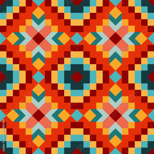 Bright seamless pixel pattern in Mexican style. Vivid tribal geometric triangles and squares ornament. Aztec rug background.