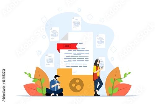 Concept of file sharing, data transfer, documentation transfer, cloud services, file management, electronic document management. People send files for business. Vector illustration in flat design.