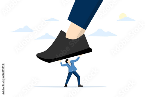 concept of unfair competition, cheating or using authority and power to abuse competitors, violence, employee conflicts or fights, small employees trying to push giant bosses or big competitors legs.