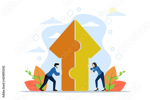 Merger and Acquisition concept, partnership or cooperation, success puzzle, growth solution or cooperation, support challenge or progress, business people push jigsaw arrows to join for success.
