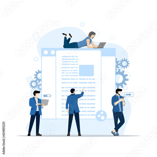 Concept of file sharing, data transfer, documentation transfer, cloud services, file management, electronic document management. People send files for business. Vector illustration in flat design.