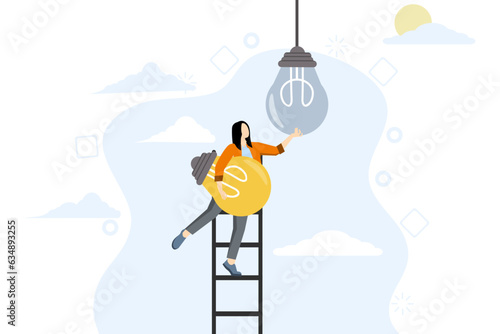 concept of change to new innovation, transformation to new business, solution to replace old model with bright technology, successful entrepreneur leader climbing ladder to change light bulb idea.