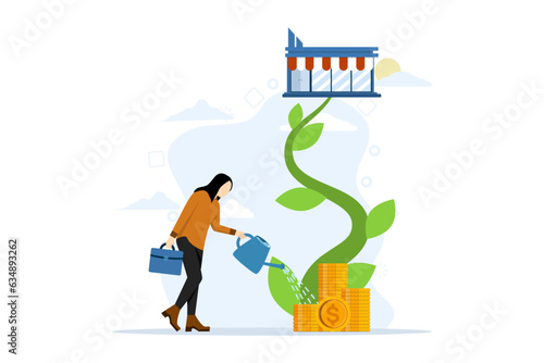 concept develop your shop and earn more profit, expand shop front or grow business, marketing to promote store revenue increase, businessman pouring water for growing plants with flowers big shop shop