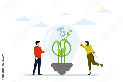 ESG, Environment, Social and Corporate Governance concept, corporate responsibility to care for environment and world society, businessman touching light bulb with plant seeds and governance gear