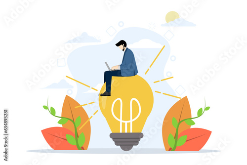 businessman solution concept, creative idea to solve work problem, success find new innovation, smart businessman working with laptop computer on bright light bulb idea. flat vector illustration.